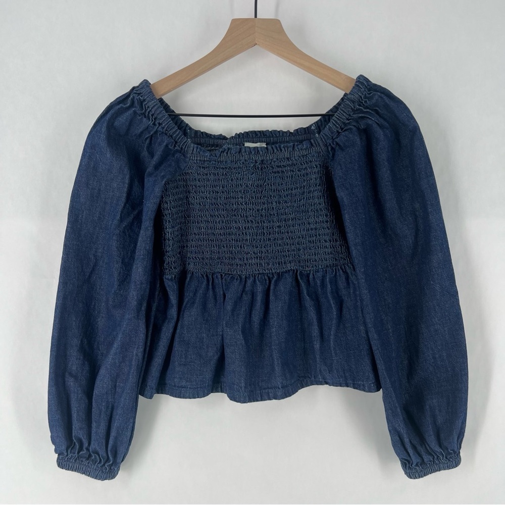 J. Crew Dark Blue Chambray Smocked Puff Sleeve Top Peasant Milkmaid - Picture 3 of 12